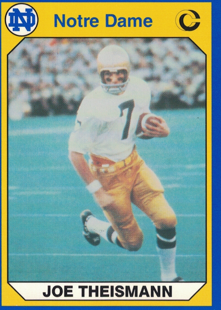 color image of trading card Joe Theismann on his 1990 Collegiate Collection Notre Dame Legends card (Darin Hayes personal collection)