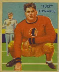 Full color hand drawn image of A football card of Turk Edwards from the 1935 National Chicle Football set.