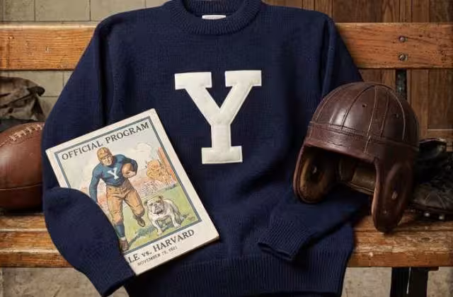 Gemini AI-created image of a 1921-era YaleAmerican football jersey sweater with a "Y" on thr front and nothing else, without a name on it, and a matching period-correct helmet, the program cover appropriate to the era and team.
