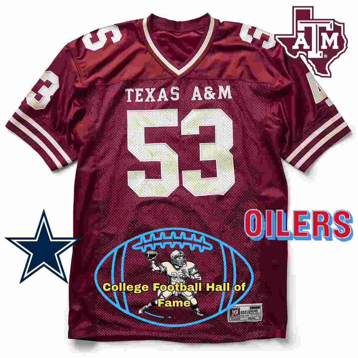 Image of a red with gold numerals Texas A&M football Jersey number 53 rendering with PD College football HOF emblem.
