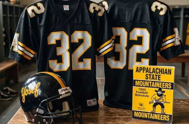 Gemini AI-created image of a 1993-era App State American football jersey 32 jersey with silver numbers), without a name on it, and a matching period-correct helmet, the program cover appropriate to the era and team.