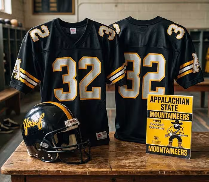 Gemini AI-created image of a 1993-era App State American football jersey 32 jersey with silver numbers), without a name on it, and a matching period-correct helmet, the program cover appropriate to the era and team.