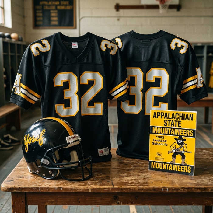 Gemini AI-created image of a 1993-era App State American football jersey 32 jersey with silver numbers), without a name on it, and a matching period-correct helmet, the program cover appropriate to the era and team.