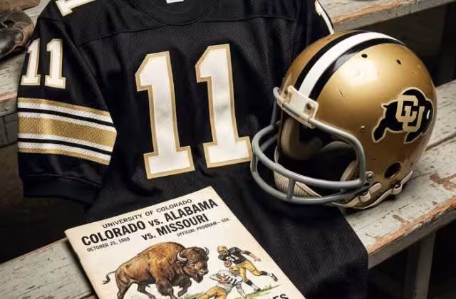 Gemini AI-created image of the 1969 University of Colorado football jersey and matching period-correct helmet, along with a gameday program cover appropriate for the era and team. Specifically, it highlights the iconic interlocking CU branding on a gold helmet and the distinctive Buffs home black jersey of that time, featuring the number 11, without a name, as requested. The program cover captures the vintage artwork with an illustrated buffalo and the matchup details of their 1969 schedule.