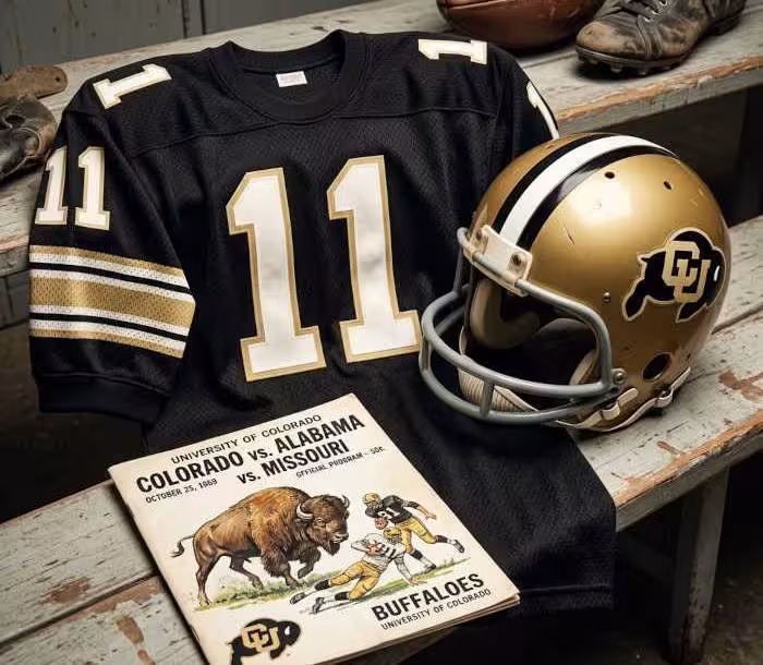 Gemini AI-created image of the 1969 University of Colorado football jersey and matching period-correct helmet, along with a gameday program cover appropriate for the era and team. Specifically, it highlights the iconic interlocking CU branding on a gold helmet and the distinctive Buffs home black jersey of that time, featuring the number 11, without a name, as requested. The program cover captures the vintage artwork with an illustrated buffalo and the matchup details of their 1969 schedule.