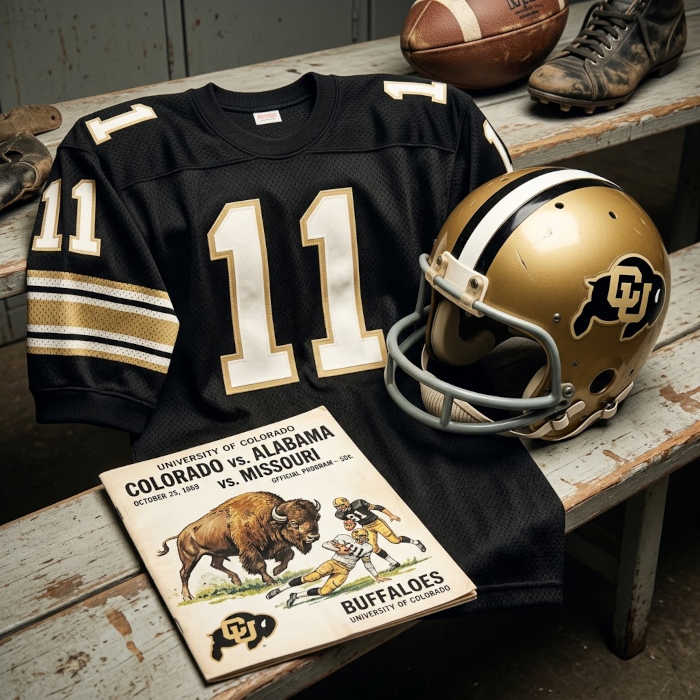 Gemini AI-created image of the 1969 University of Colorado football jersey and matching period-correct helmet, along with a gameday program cover appropriate for the era and team. Specifically, it highlights the iconic interlocking CU branding on a gold helmet and the distinctive Buffs home black jersey of that time, featuring the number 11, without a name, as requested. The program cover captures the vintage artwork with an illustrated buffalo and the matchup details of their 1969 schedule.