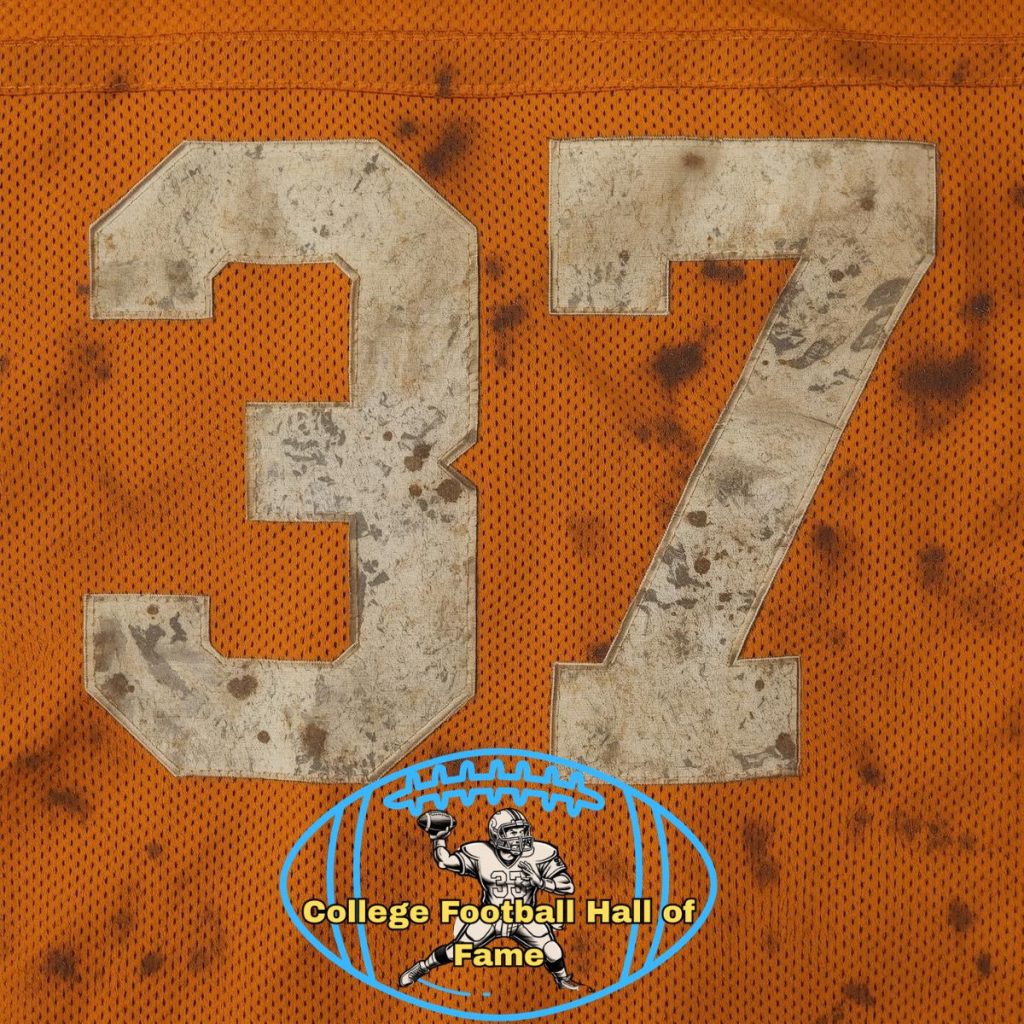Orange Univ of Tennesee dirty uniform jersey 37 with the Pigskin Dispatch College football Hall of Fame emblem.