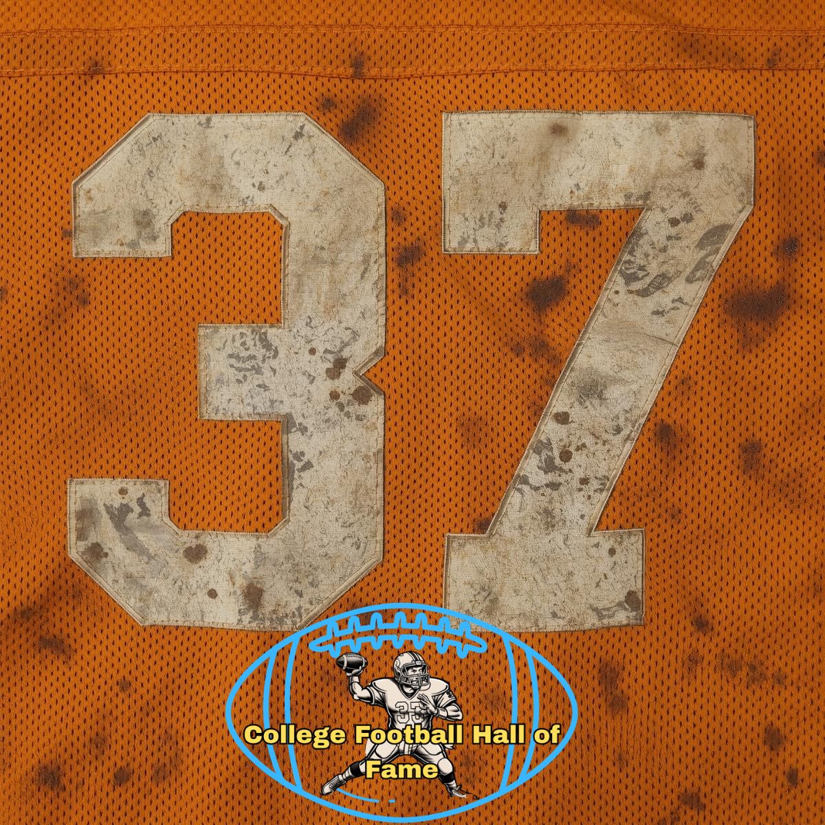 Orange Univ of Tennesee dirty uniform jersey 37 with the Pigskin Dispatch College football Hall of Fame emblem.