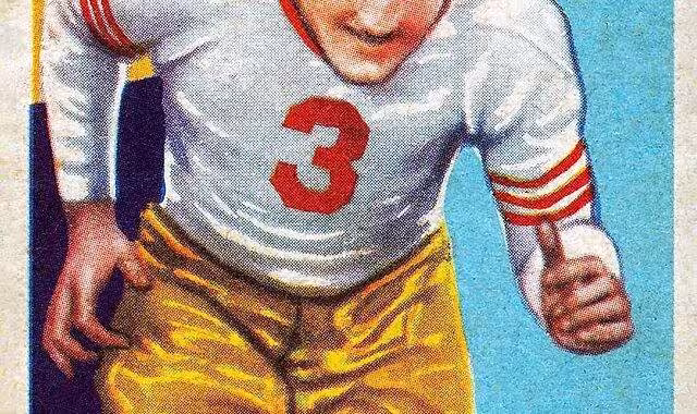Color trading card of a water color image of Bronko Nagurski in his Minnesota Gophers football uniform jersey number 3