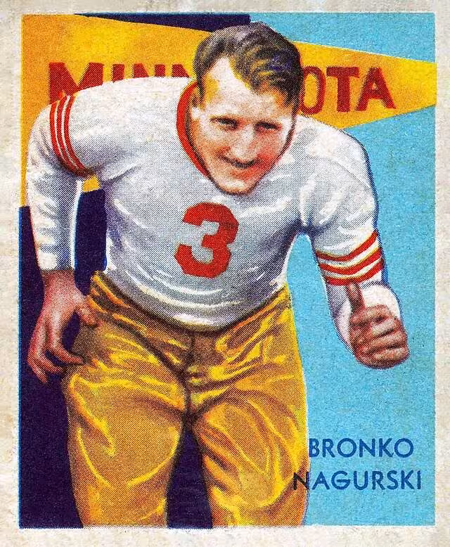 Color trading card of a water color image of Bronko Nagurski in his Minnesota Gophers football uniform jersey number 3