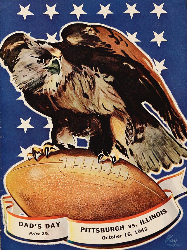 Vintage 1943 Pittsburgh vs. Illinois football program cover. Patriotic WWII-era design featuring an eagle with its talons on a football against a blue background with white stars. Labeled 'Dad's Day' with the date October 16, 1943, and a 25-cent price for historical collegiate sports research and Pigskin Dispatch archives.
