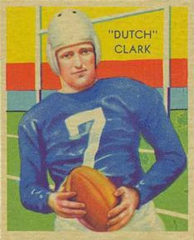 Color water color dwg of A football card of Dutch Clark from the 1935 National Chicle Football set.