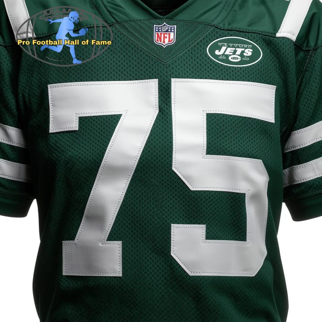 Dark green American football jersey with yellow "75" on it