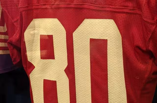Photo of Jerry Rice's jersey in the Pro Football Hall of Fame taken by Darin Hayes, 2021.