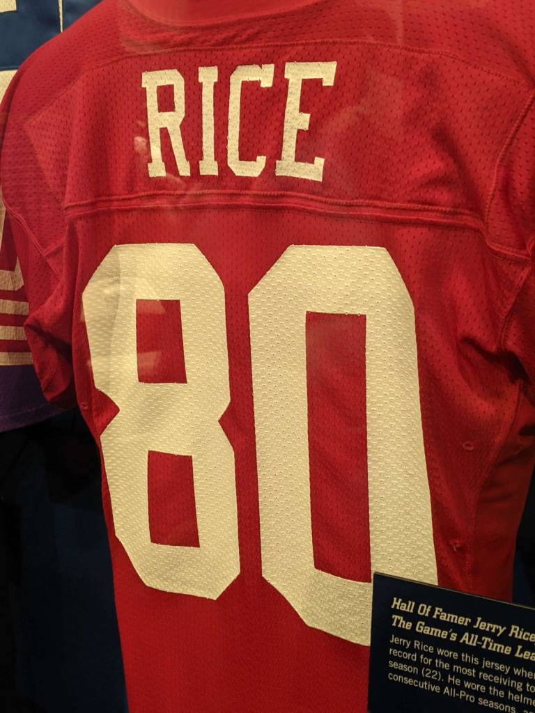 Photo of Jerry Rice's jersey in the Pro Football Hall of Fame taken by Darin Hayes, 2021.