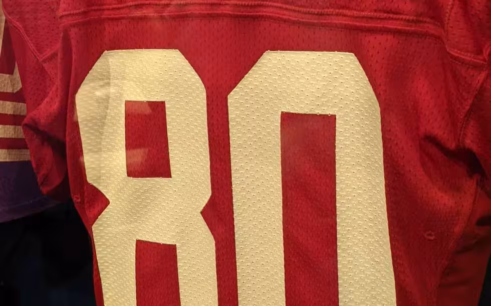 Photo of Jerry Rice's jersey in the Pro Football Hall of Fame taken by Darin Hayes, 2021.