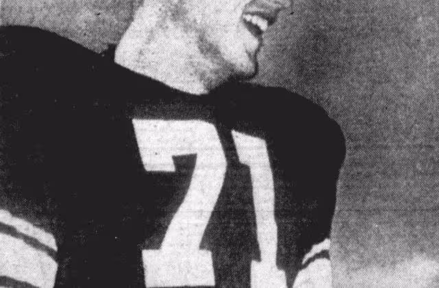 B/W newspaper clipping image of Jim Weatherall (1950) cropped. Oklahoma Sooners defensive tackle #71, Jim Weatherall.