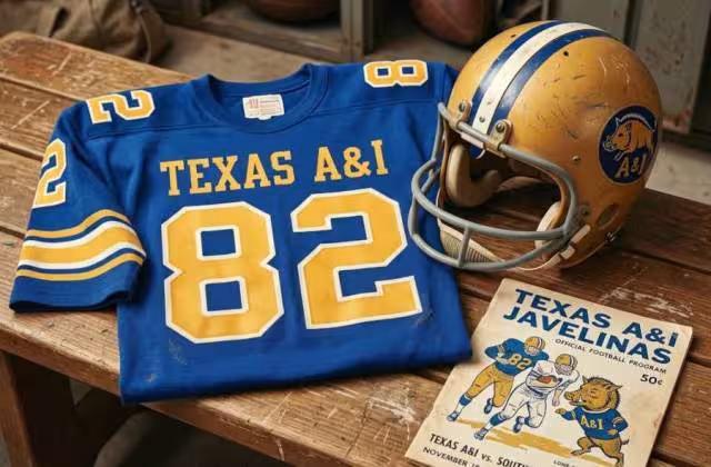 Gemini AI-created image of the 1967-era Texas A&I American football jersey number 82, period-correct helmet, and the appropriate matchup program cover has been created. The still-life scene is captures all requested details, highlighting the vintage team colors and accurate era-specific styling.