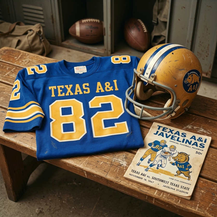 Gemini AI-created image of the 1967-era Texas A&I American football jersey number 82, period-correct helmet, and the appropriate matchup program cover has been created. The still-life scene is captures all requested details, highlighting the vintage team colors and accurate era-specific styling.