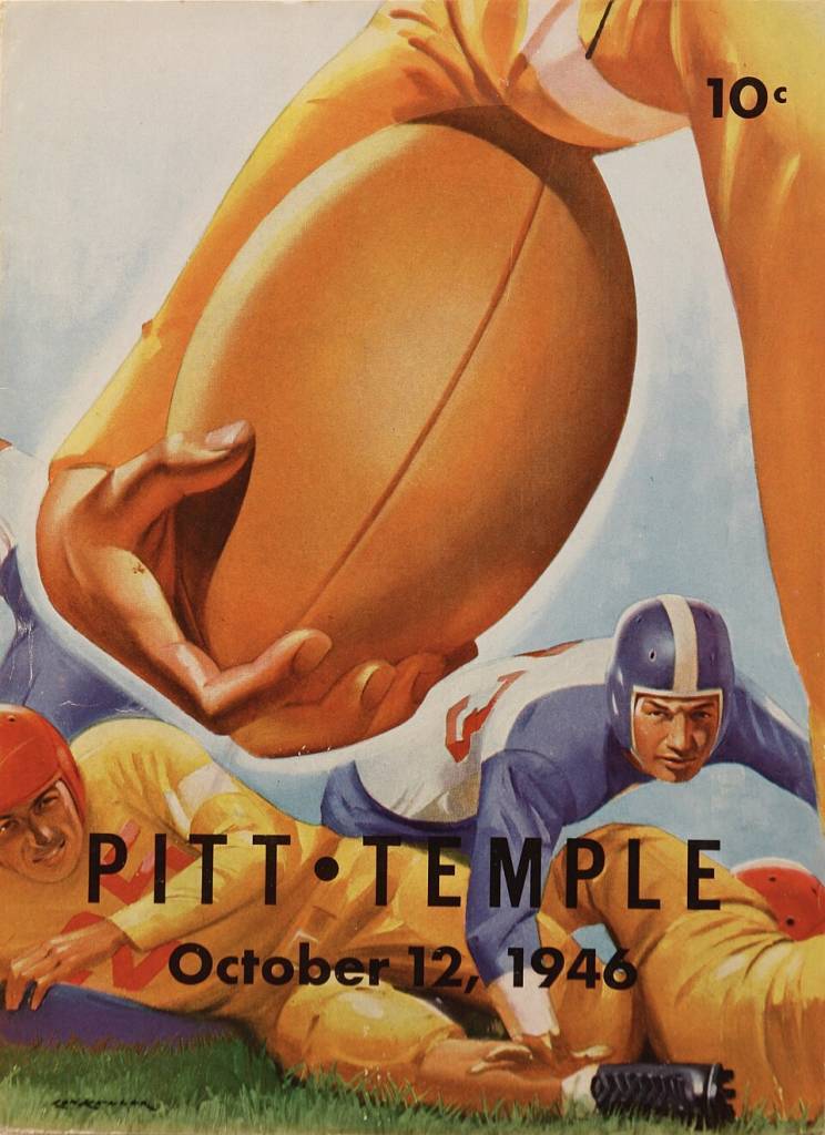 Full color hand water color drawn October 12, 1946 Temple University versus University of Pittsburgh football game program cover Lon Keller illustrated the cover photo