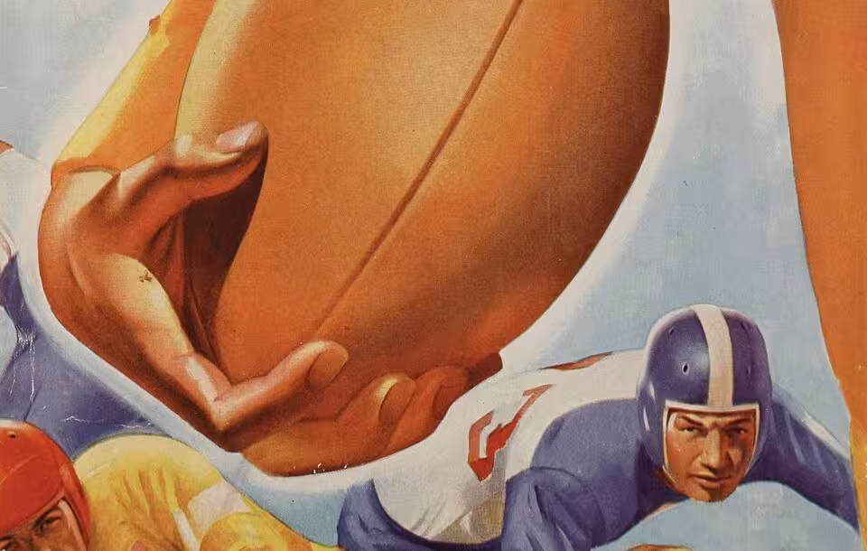Full color hand water color drawn October 12, 1946 Temple University versus University of Pittsburgh football game program cover Lon Keller illustrated the cover photo