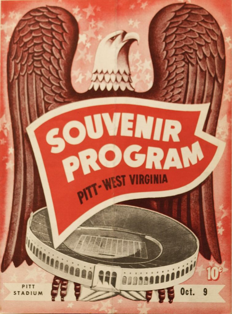 Color Souvineer prograom with a giant eagle on the cover of Cover photo of October 9, 1943 University of Pittsburgh versus West Virginia University football game program
