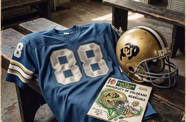 Full color sky blue hersey 88 with gold Bufs helmet of 1970, AI-created image representative of what the player, Colorado number 88.
