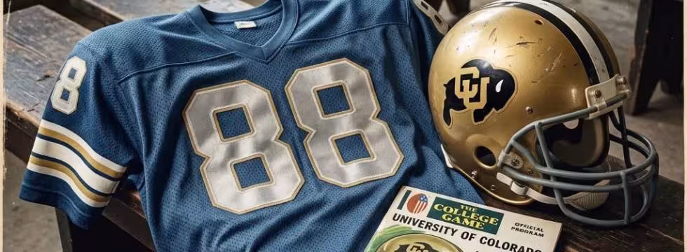 Full color sky blue hersey 88 with gold Bufs helmet of 1970, AI-created image representative of what the player, Colorado number 88.