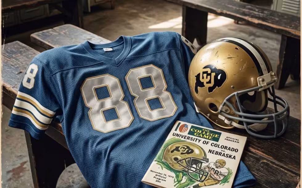 Full color sky blue hersey 88 with gold Bufs helmet of 1970, AI-created image representative of what the player, Colorado number 88.
