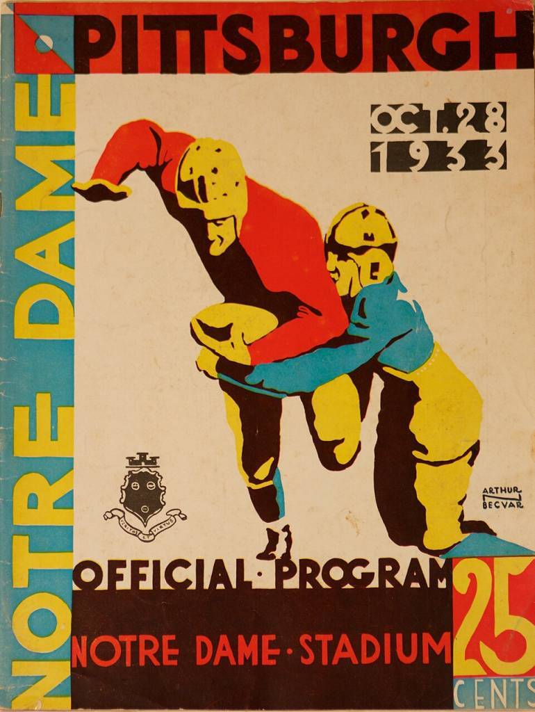 Color illustration of the Program for the October 28, 1933 Pitt versus Notre Dame football game .