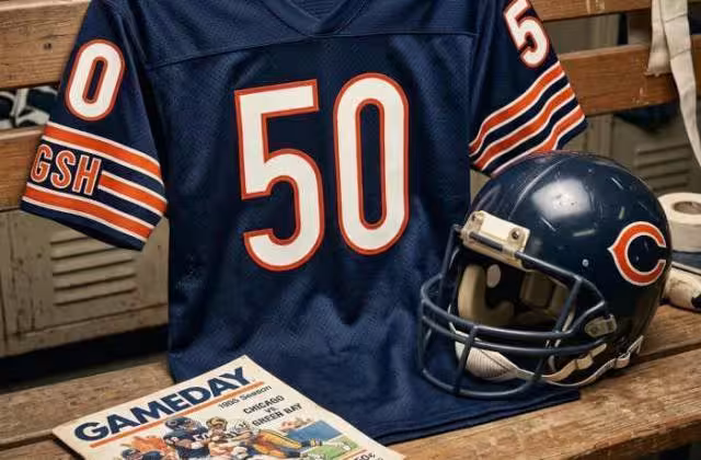 Gemini AI-created image of a 1985-era Chicago NFL football jersey 50 without a name on it, along with a matching period-correct helmet and game program.