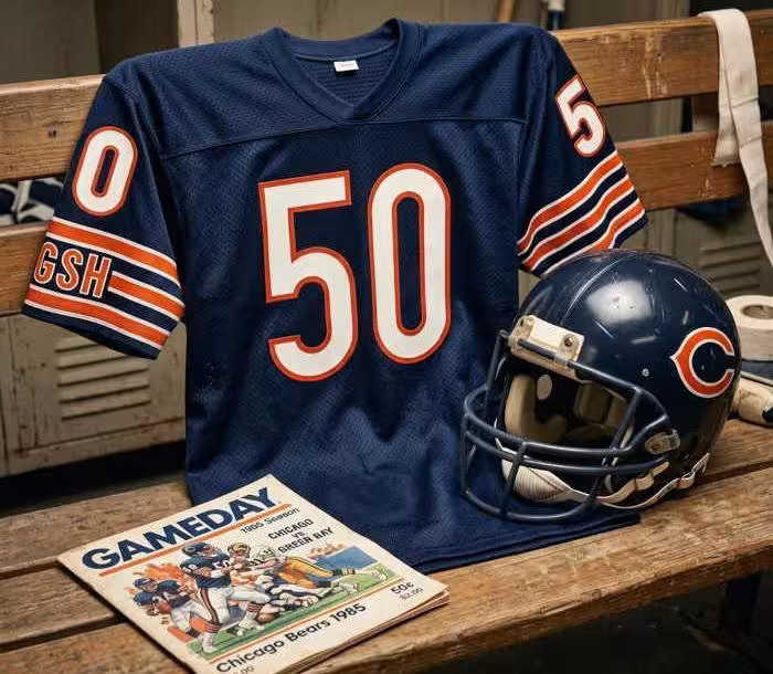 Gemini AI-created image of a 1985-era Chicago NFL football jersey 50 without a name on it, along with a matching period-correct helmet and game program.