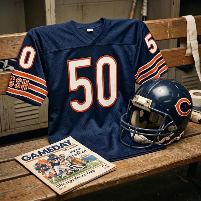 Gemini AI-created image of a 1985-era Chicago NFL football jersey 50 without a name on it, along with a matching period-correct helmet and game program.