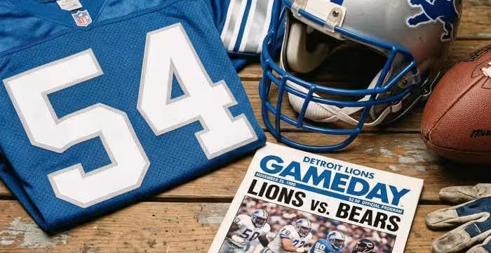 Gemini AI-created image of a 1990-era Detroit NFL American football jersey 54, without a name on it, and a matching period-correct helmet, the program cover appropriate to the era and team.