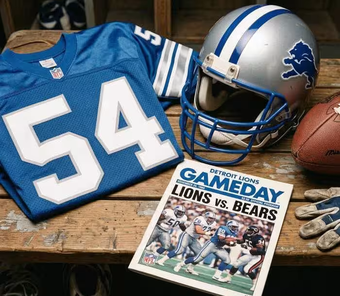 Gemini AI-created image of a 1990-era Detroit NFL American football jersey 54, without a name on it, and a matching period-correct helmet, the program cover appropriate to the era and team.
