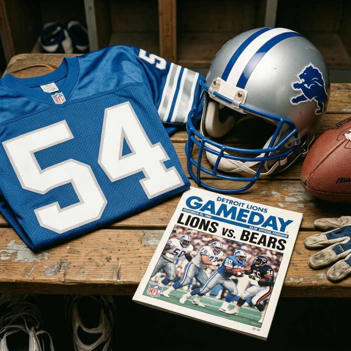Gemini AI-created image of a 1990-era Detroit NFL American football jersey 54, without a name on it, and a matching period-correct helmet, the program cover appropriate to the era and team.