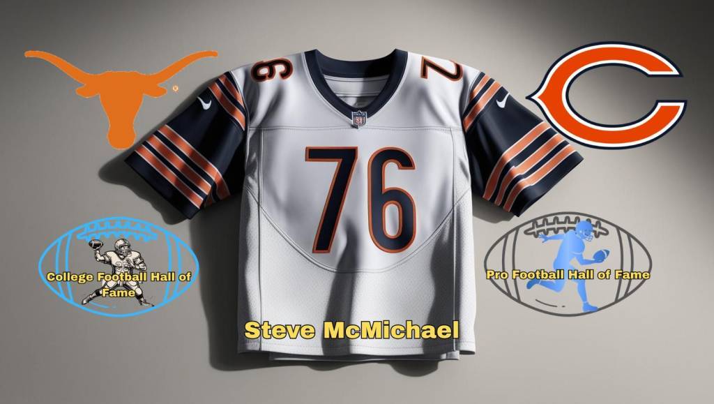 Canva AI-created image of what the player may have worn., along with logo of Texas Longhorsn, Chicago bears and Pigskin Dispatch College and Pro football HOF.