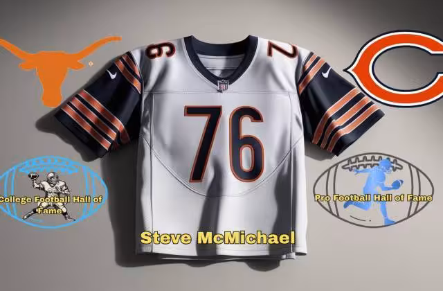 Canva AI-created image of what the player may have worn., along with logo of Texas Longhorsn, Chicago bears and Pigskin Dispatch College and Pro football HOF.