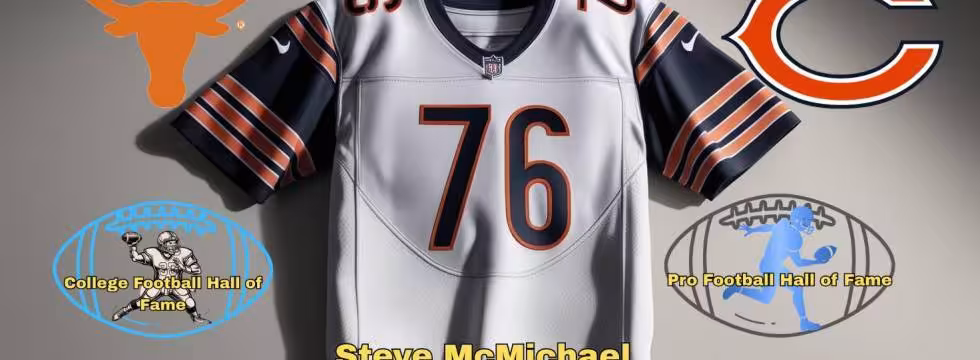Canva AI-created image of what the player may have worn., along with logo of Texas Longhorsn, Chicago bears and Pigskin Dispatch College and Pro football HOF.