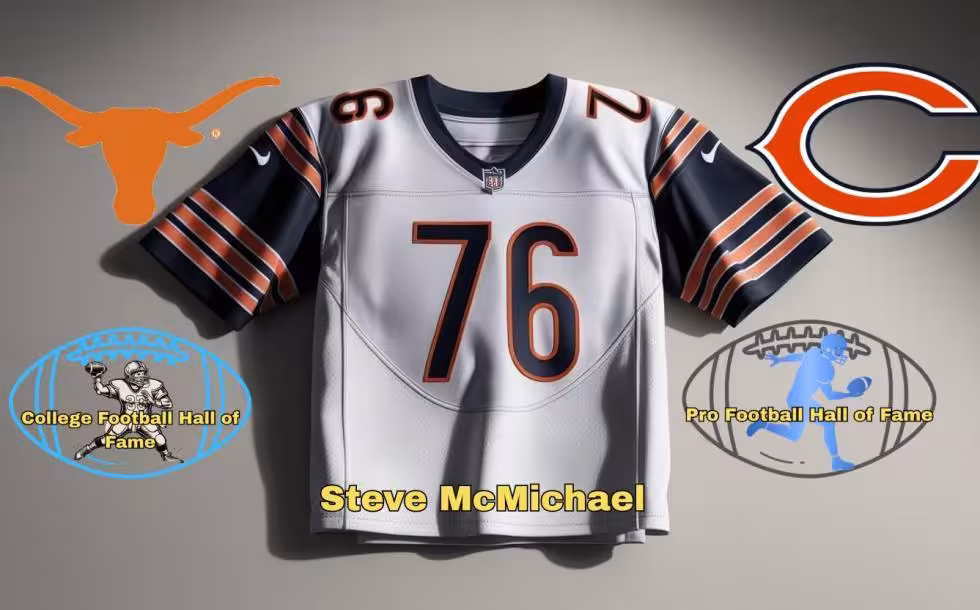 Canva AI-created image of what the player may have worn., along with logo of Texas Longhorsn, Chicago bears and Pigskin Dispatch College and Pro football HOF.