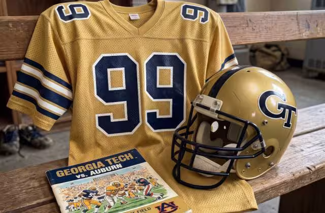 Gemini AI-created image of a 1985-era Georgia Tech American football jersey featuring number 99 (associated with legendary defensive lineman Pat Swilling), displayed alongside a period-correct "Black Watch" defense helmet and a game program from that season. Let me know if you would like any specific adjustments to this scene!