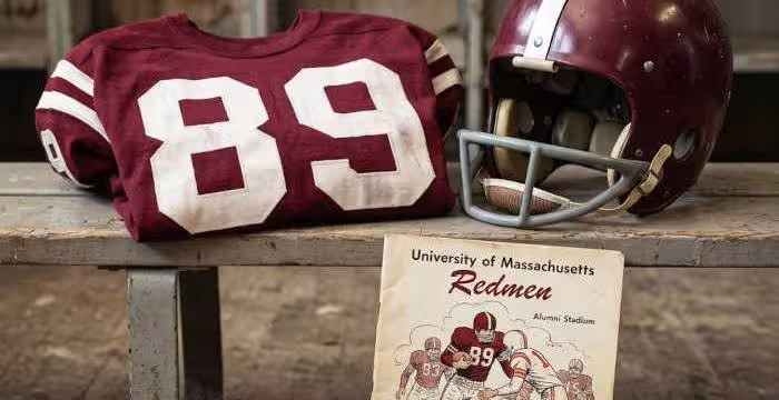 Gemini AI-created image of a 1965-era University of Massachussetts American football jersey 89, without a name on it, and a matching period-correct helmet, the program cover appropriate to the era and team.