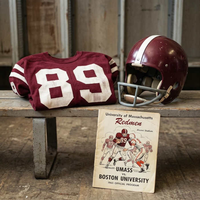 Gemini AI-created image of a 1965-era University of Massachussetts American football jersey 89, without a name on it, and a matching period-correct helmet, the program cover appropriate to the era and team.
