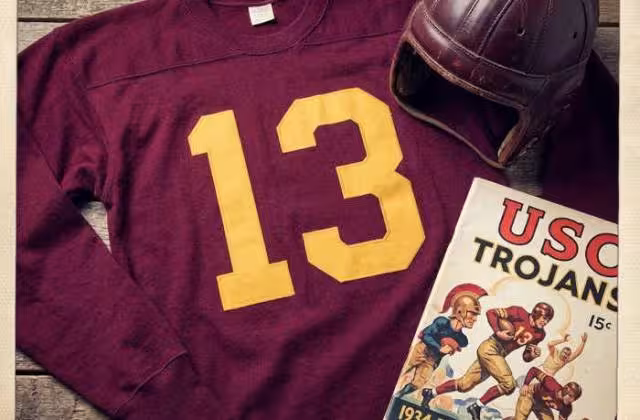 Gemini AI-created image of a 1934-era University of Southern Cal American football jersey 13, without a name on it, and a matching period-correct helmet, the program cover appropriate to the era and team.