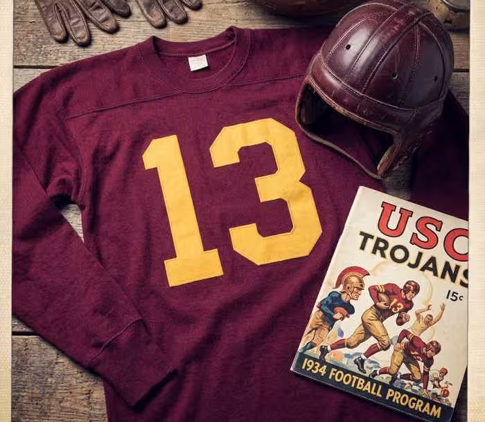 Gemini AI-created image of a 1934-era University of Southern Cal American football jersey 13, without a name on it, and a matching period-correct helmet, the program cover appropriate to the era and team.