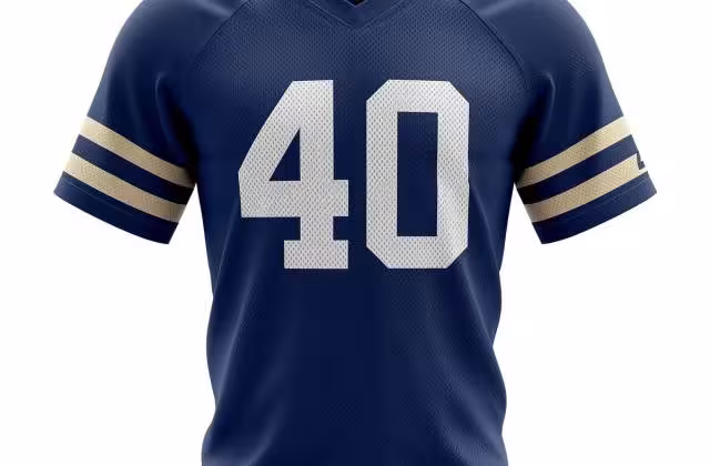 Canva AI generated image representative of a jersey that the player may have worn, early 1970s Yale Bulldogs jersey 40, with a Pigskin Dispatch College HOF & Yale logos.