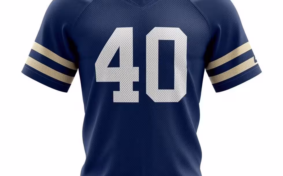 Canva AI generated image representative of a jersey that the player may have worn, early 1970s Yale Bulldogs jersey 40, with a Pigskin Dispatch College HOF & Yale logos.