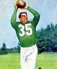 Here is a 1955 Bowman Football card of card number #10 Pete Pihos of the Philadelphia Eagles. Card is in public domain, pd-not-renewed.