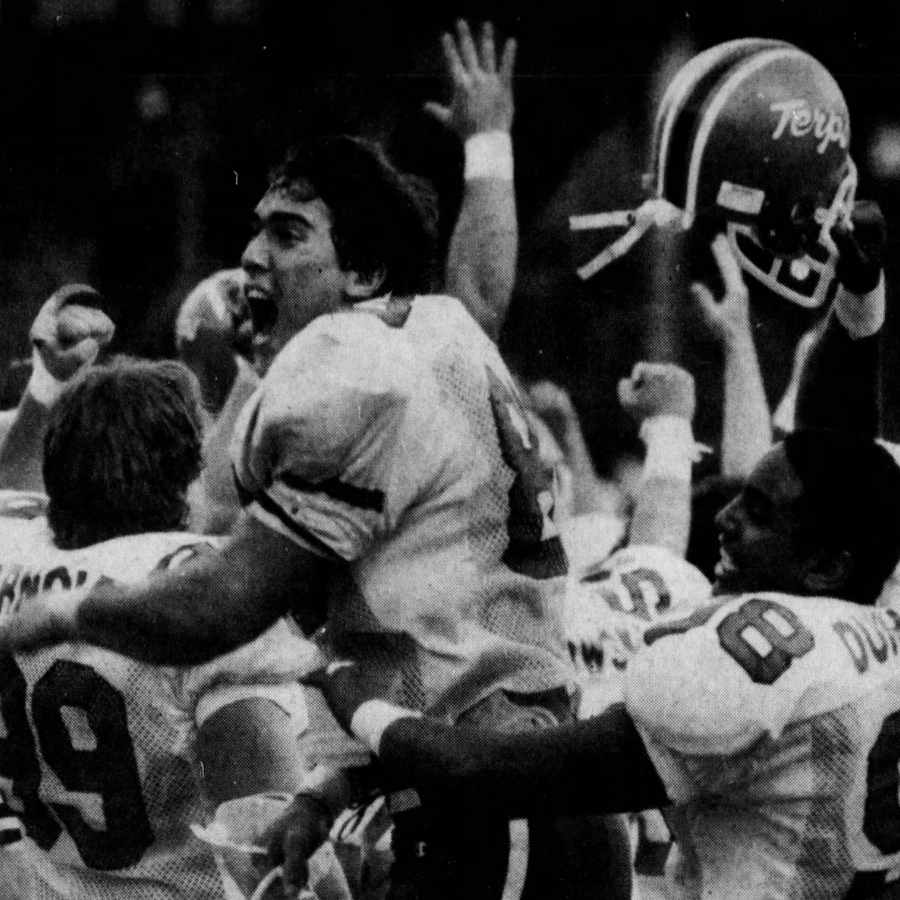 Celebrating Maryland Players after 1984 comeback win over Miami