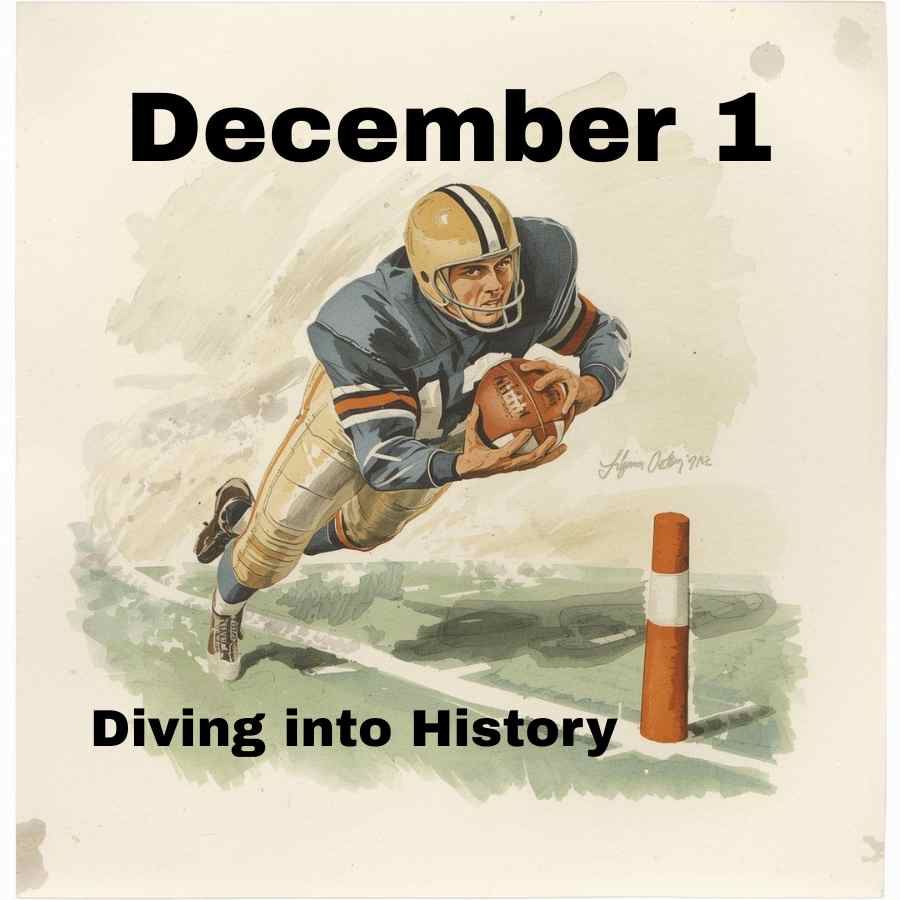 Canva AI generated 1950's themed water color American football game program cover that has a player of the era diving with the football towards a goal line cone.
